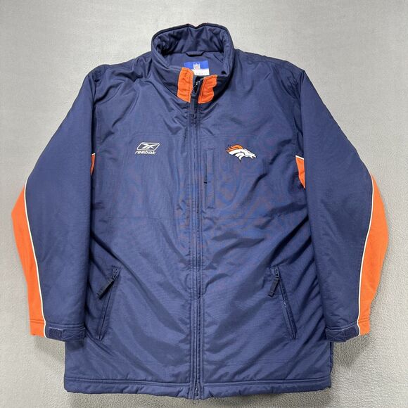Denver Bronco’s Reebok Coat Mens Large NFL On Field Parka Jacket Quilted Classic
